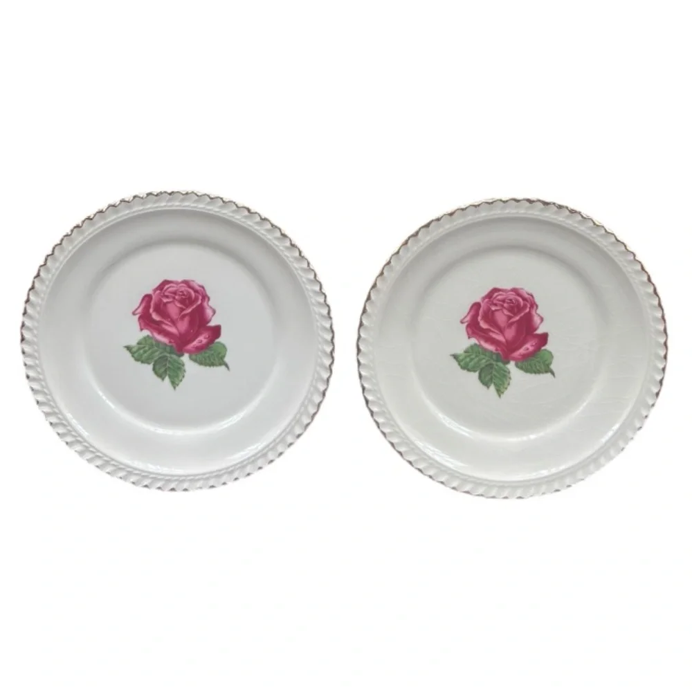 Vintage Floral Plates Harkerware China Rose 2 Pc Plate Set Cottage Pink Ivory